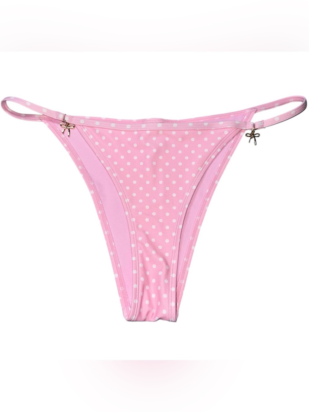 Medium Pink Polka Dot High Leg Bikini Bottoms with gold ribbon charms
